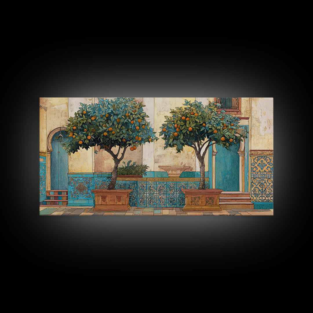 Orange Tree in a Courtyard Planter Framed Canvas Print, Italian Villa Art, Home Decor, Living Room Decor, Fine Art, Villa, IVA-2x1-10