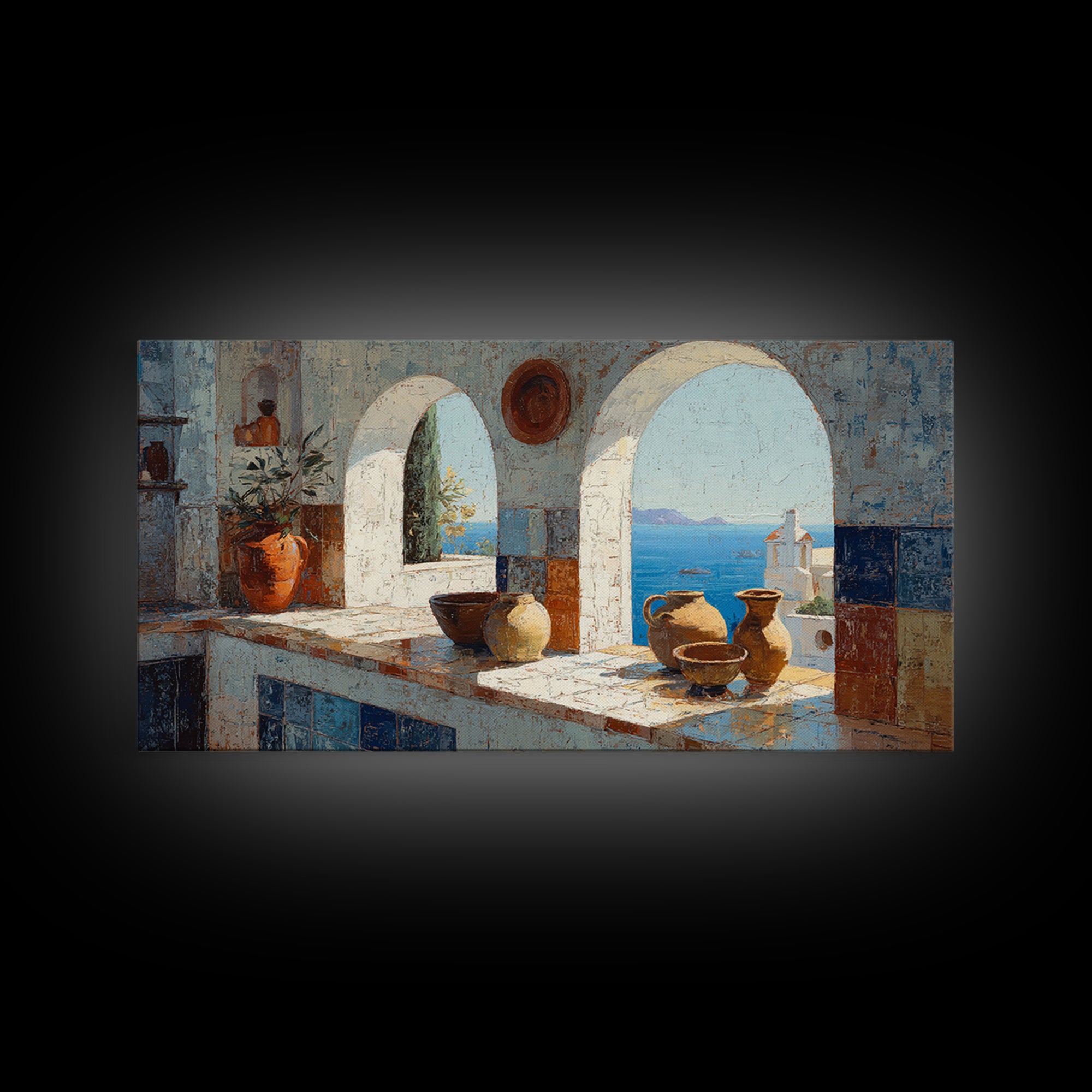 Mediterranean Arch Framing Blue Sea Framed Canvas Print, Italian Villa Art, Digital Download Art, Living Room Decor, Villa, IVA-2x1-100