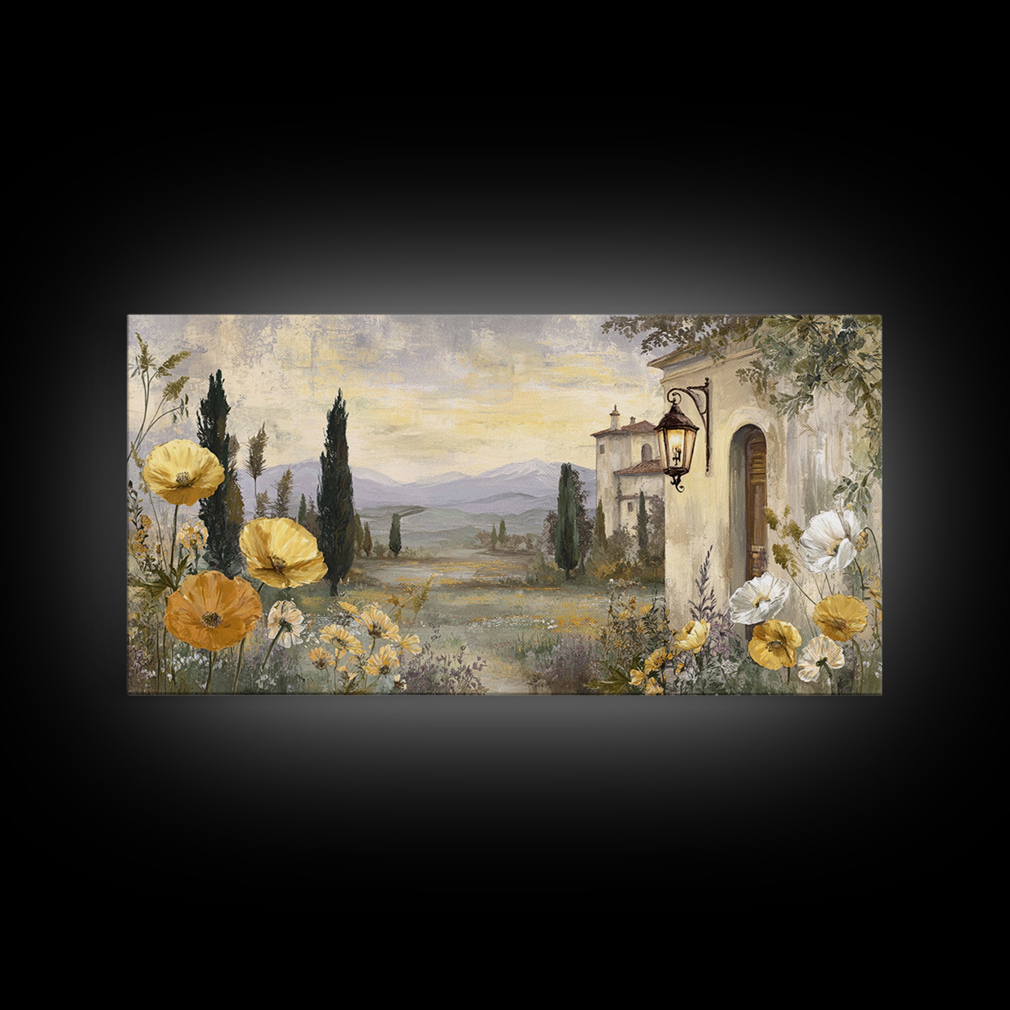 Tuscan Poppy Field Framed Canvas Print, Italian Villa Art, Landscape Painting, Living Room Decor, Villa, Digital Art Print, IVA-2x1-11