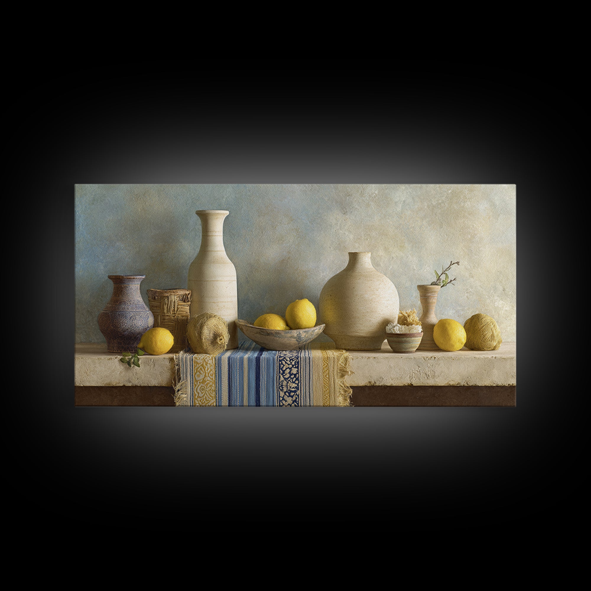 Coastal Lemons and Striped Cloth Arrangement Framed Canvas Print, Italian Villa Art, Modern Decor, Living Room Decor, Villa, IVA-2x1-20