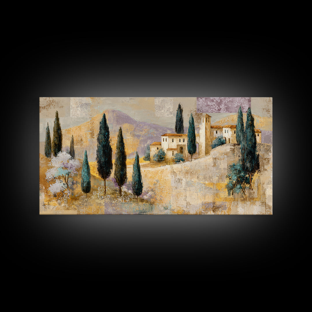 Tuscan Hillside with Cypress Trees and Golden Canvas Print, Italian Villa Art, Living Room Decor, Oil Painting, Villa, IVA-2x1-21