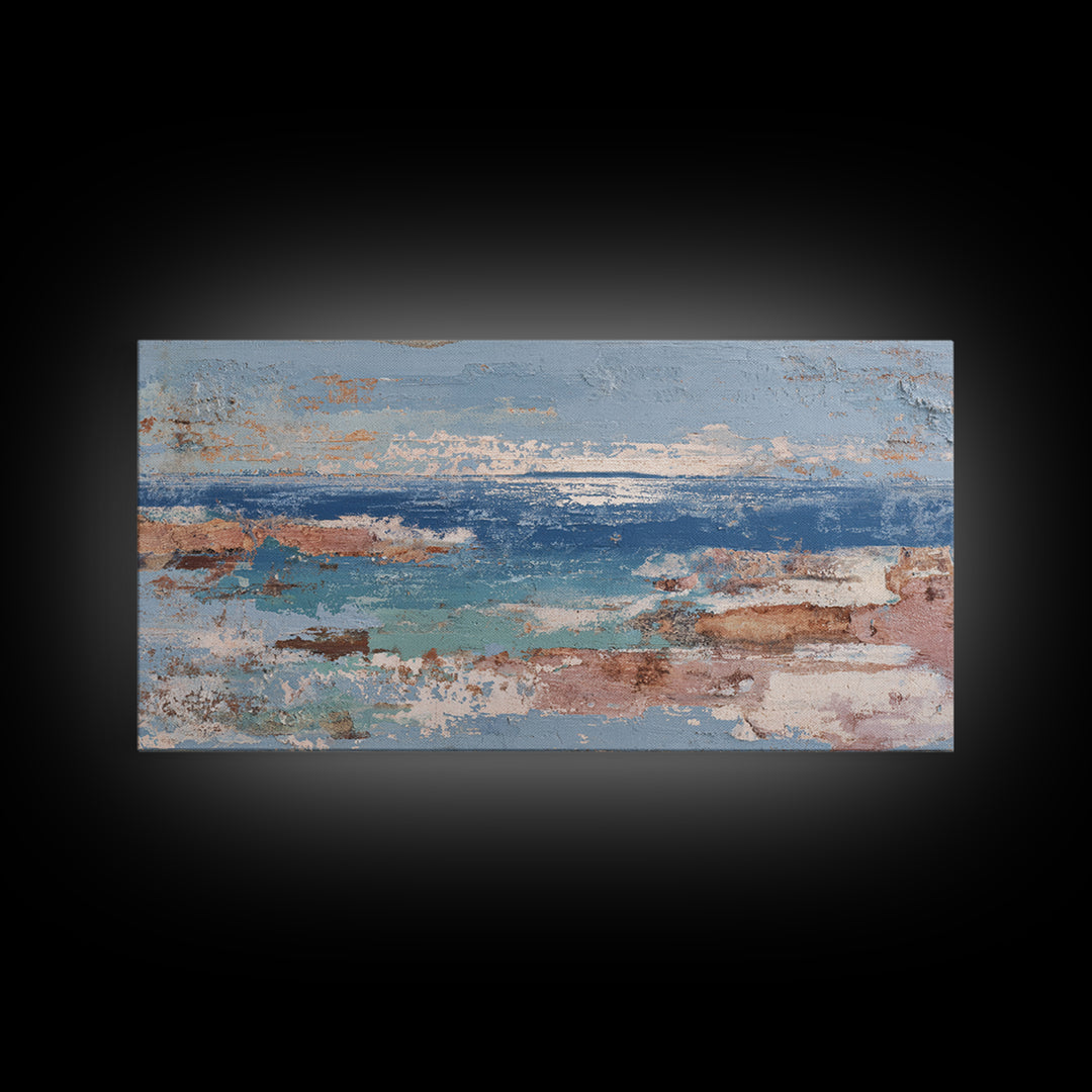 Mediterranean Arch Framing Blue Sea Framed Canvas Print, Italian Villa Art, Textured Painting, Living Room Decor, Villa, IVA-2x1-28