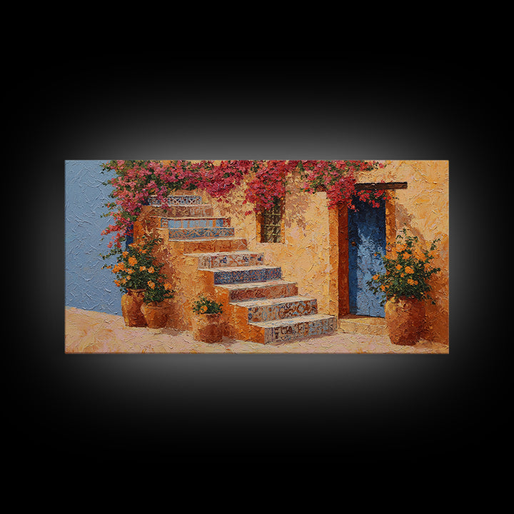 Sunlit Stone Stairway Canvas Print, Italian Villa Art, Original Painting, Living Room Decor, Villa, Landscape Painting, IVA-2x1-31