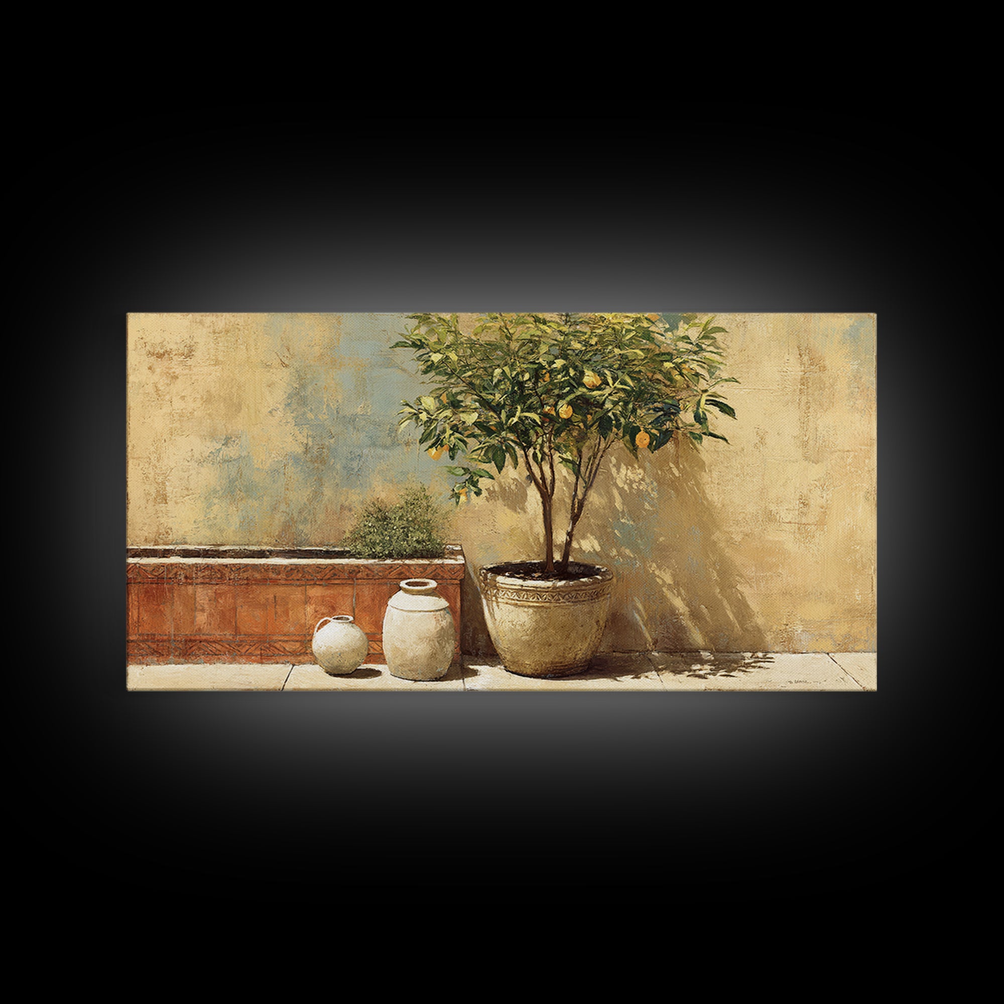 Orange Tree in a Courtyard Planter Framed Canvas Print, Italian Villa Art, Home Decor, Living Room Decor, Fine Art, Villa, IVA-2x1-34