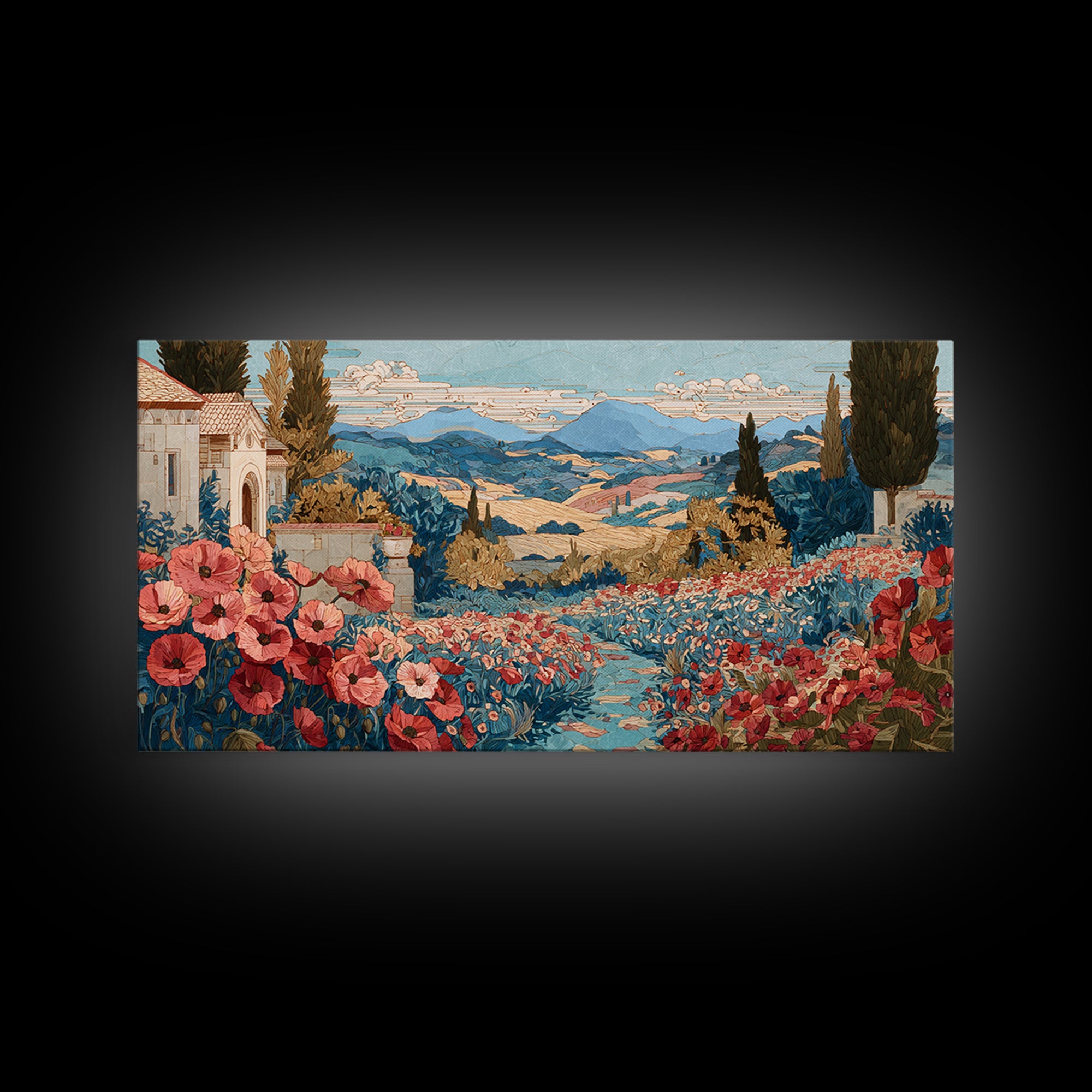Tuscan Poppy Field Framed Canvas Print, Italian Villa Art, Boho Decor, Living Room Decor, Oil Painting, Villa, Digital Wall Art, IVA-2x1-35