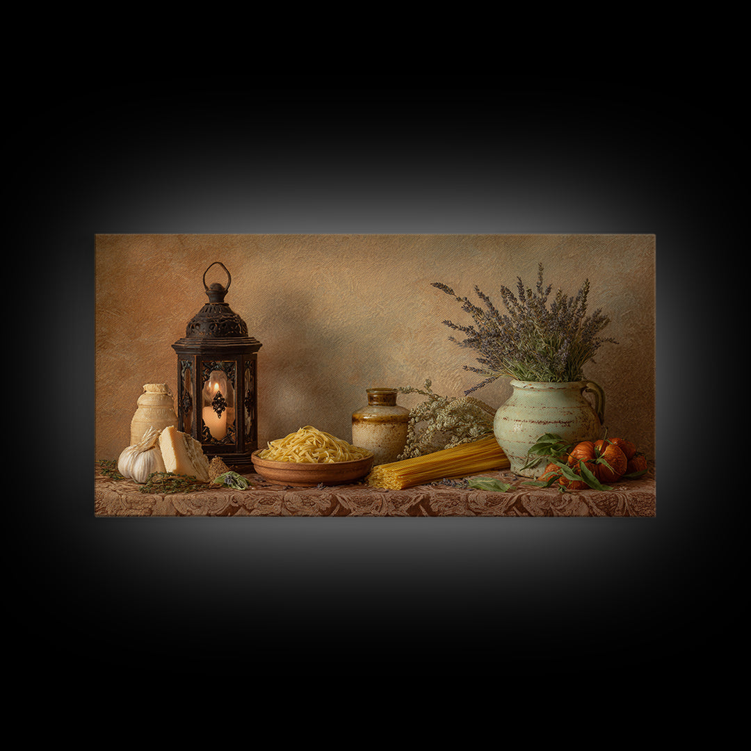 Pasta Herbs and Tomatoes Still Life Canvas Print, Italian Villa Art, Minimalist Decor, Living Room Decor, Oil Painting, Villa, IVA-2x1-39