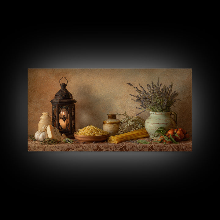 Pasta Herbs and Tomatoes Still Life Canvas Print, Italian Villa Art, Minimalist Decor, Living Room Decor, Oil Painting, Villa, IVA-2x1-39