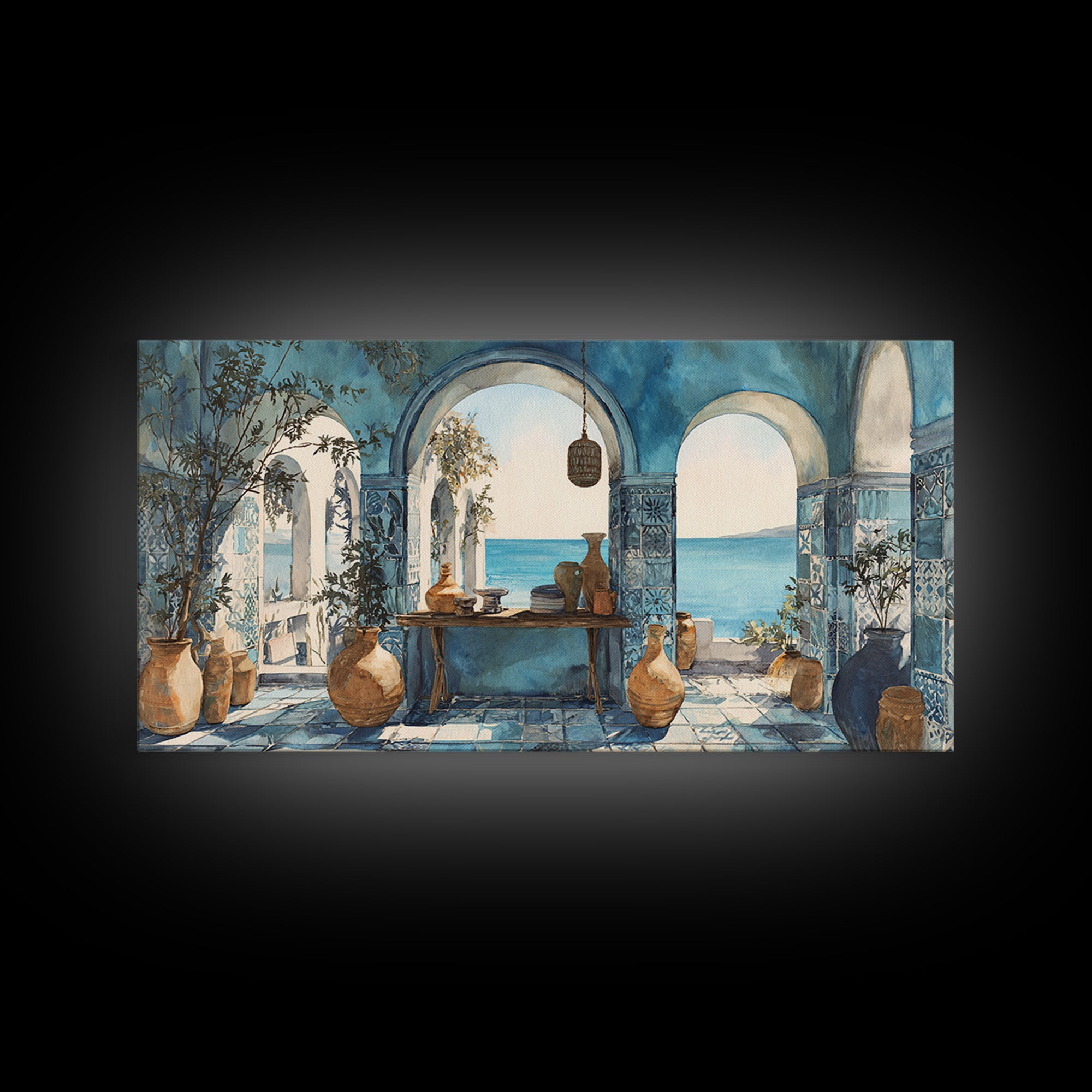 Mediterranean Arch Framing Blue Sea Canvas Print, Italian Villa Art, Statement Artwork, Living Room Decor, Fine Art, Villa, IVA-2x1-4