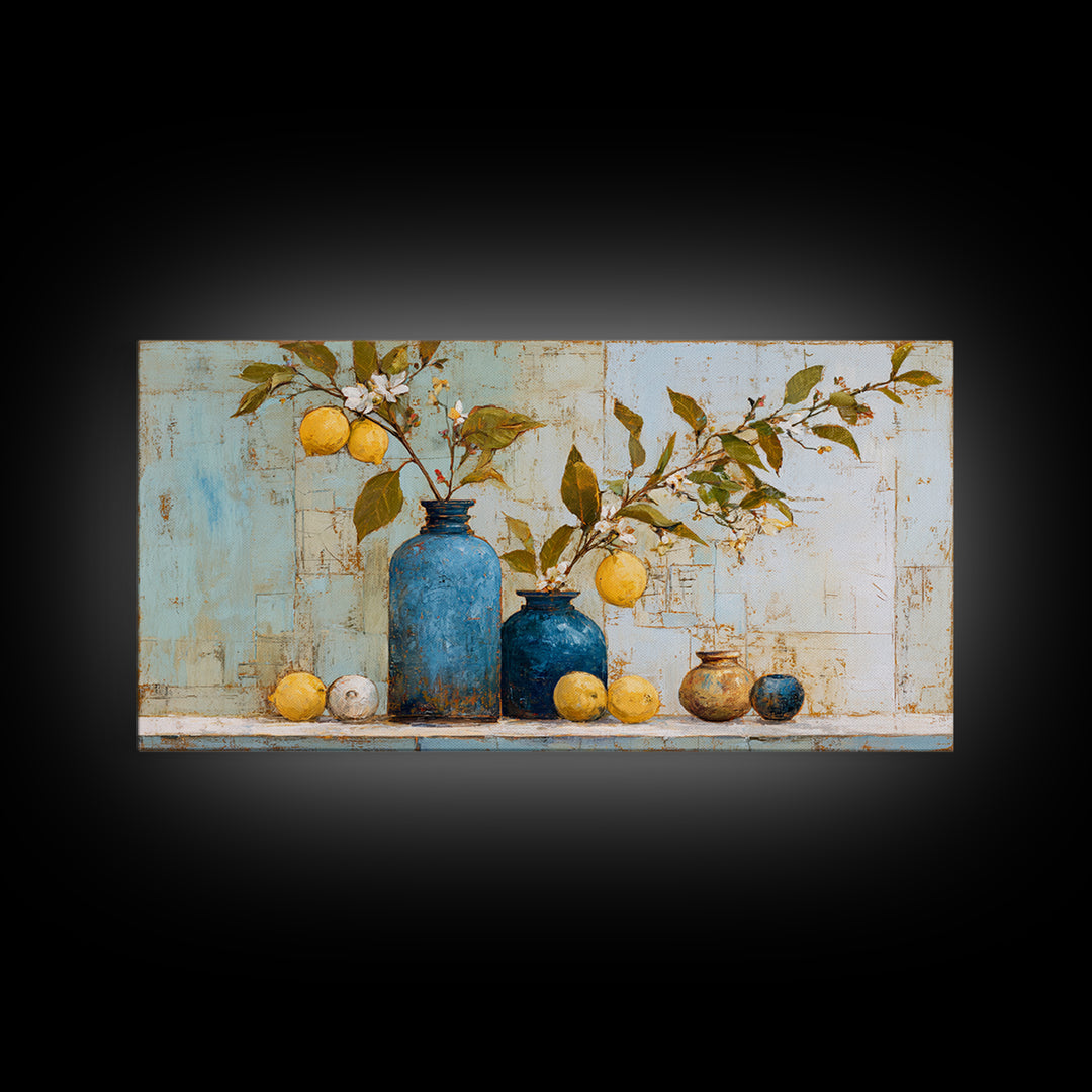 Lemon Branch in Blue Ceramic Vase Framed Canvas Print, Italian Villa Art, Neutral Decor, Living Room Decor, Fine Art, Villa, IVA-2x1-46