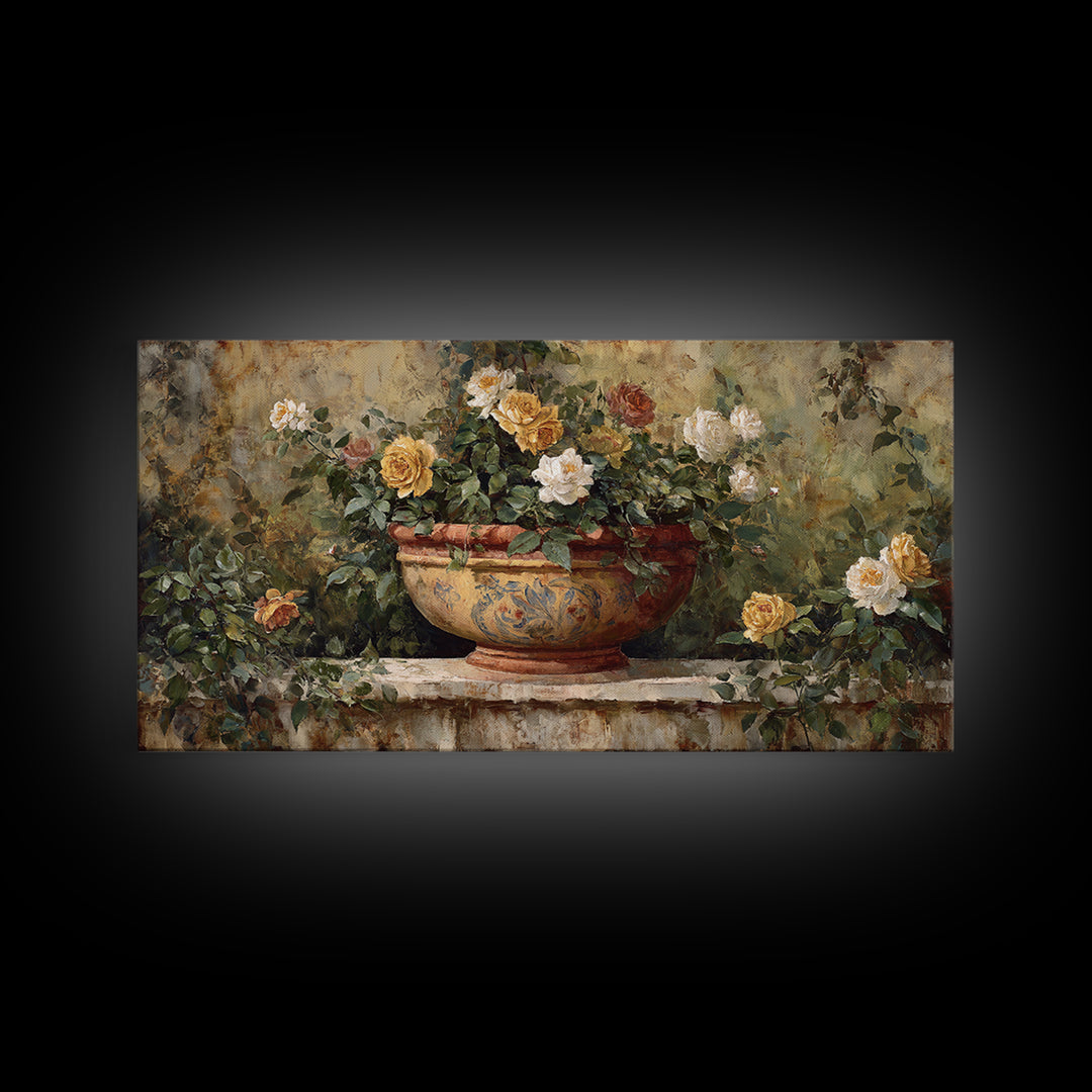 Italian Villa Garden Urn Framed Canvas Print, Italian Villa Art, Modern Decor, Living Room Decor, Oil Painting, Villa, IVA-2x1-50