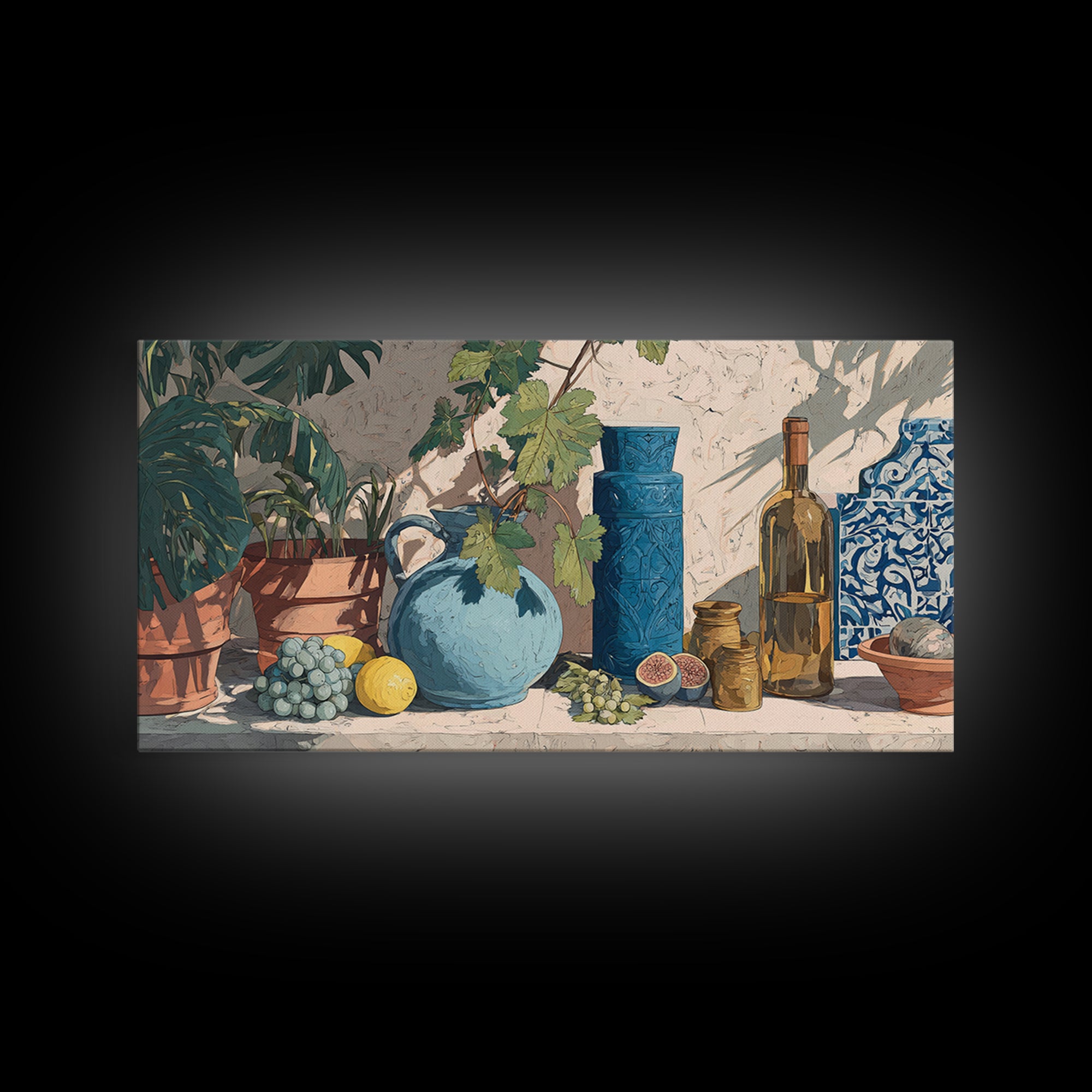 Grapevine and Wine Still Life on Linen Framed Canvas Print, Italian Villa Art, Printable Art, Living Room Decor, Abstract Art, IVA-2x1-51