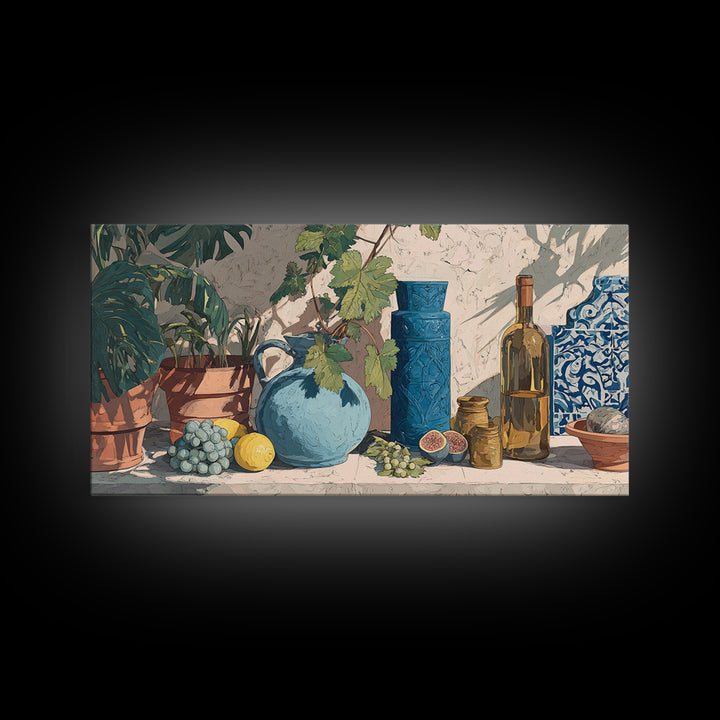 Grapevine and Wine Still Life on Linen Framed Canvas Print, Italian Villa Art, Printable Art, Living Room Decor, Abstract Art, IVA-2x1-51
