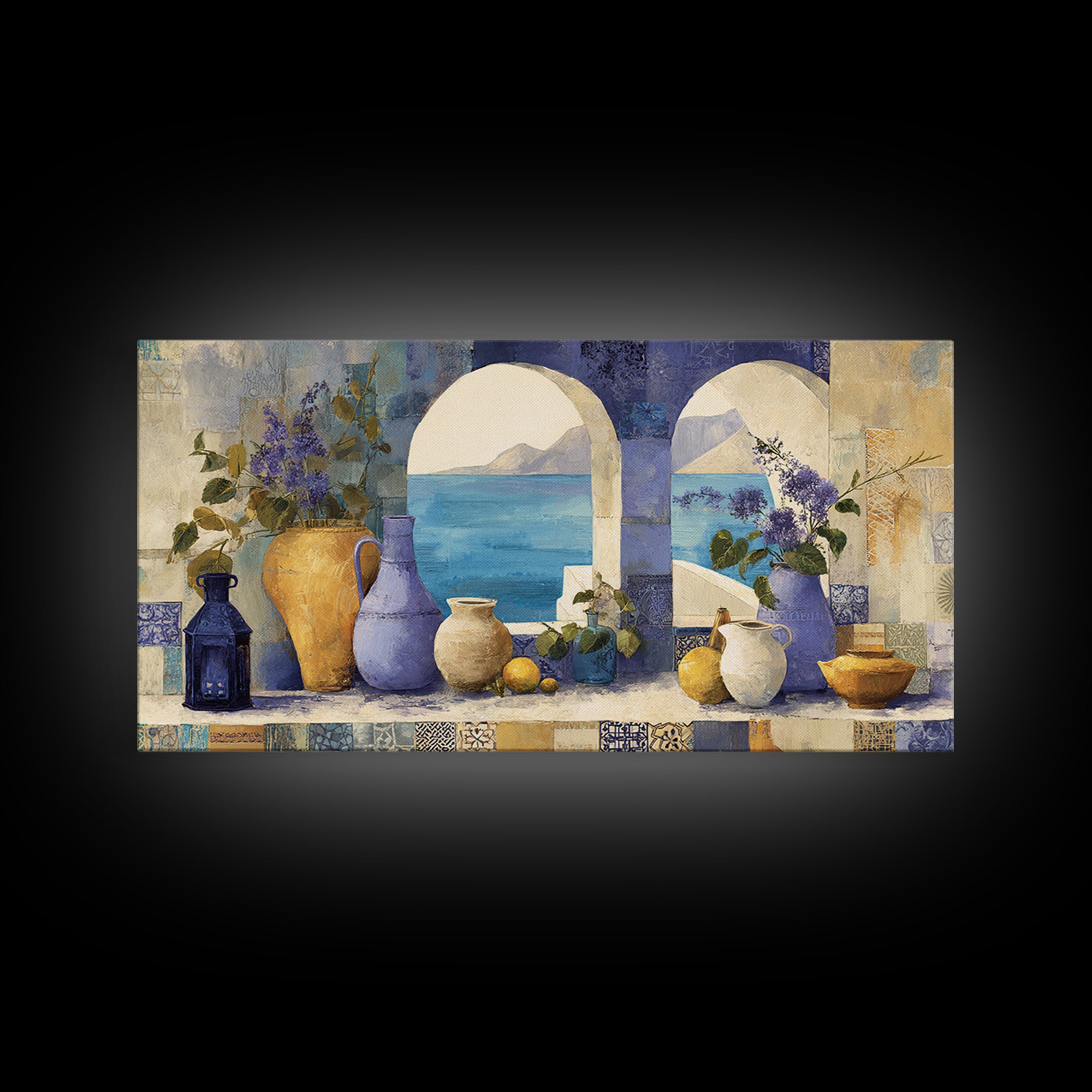 Mediterranean Arch Framing Blue Sea Canvas Print, Italian Villa Art, Original Painting, Living Room Decor, Fine Art, Villa, IVA-2x1-52