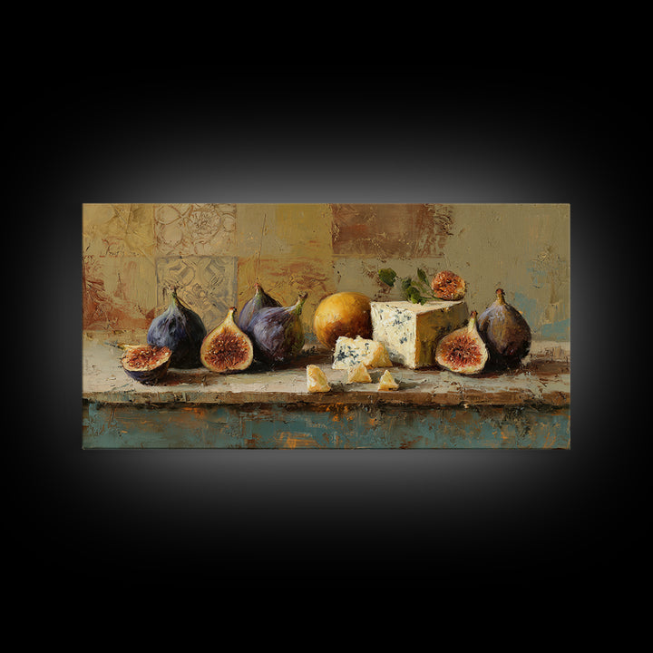 Figs and Cheese on Rustic Wooden Board Canvas Print, Italian Villa Art, Art Print, Living Room Decor, Oil Painting, Villa, IVA-2x1-53