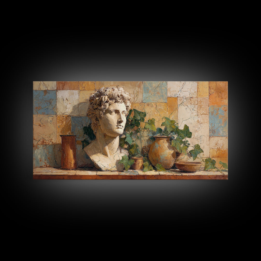 Classic Roman Statue Bust Framed Canvas Print, Italian Villa Art, Oil Painting, Living Room Decor, Villa, Farmhouse Wall Art, IVA-2x1-56
