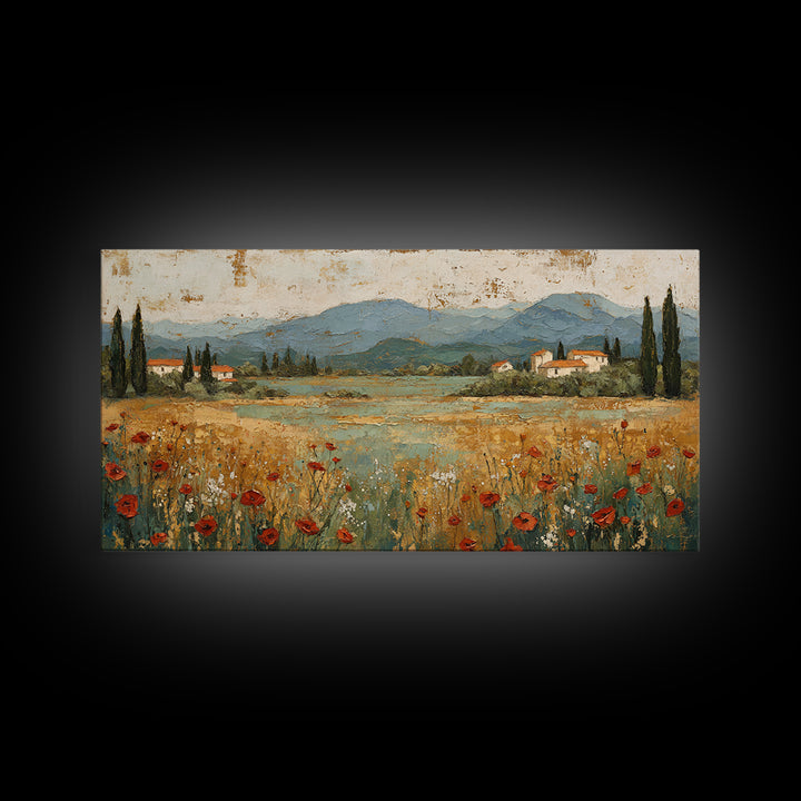 Tuscan Poppy Field Framed Canvas Print, Italian Villa Art, Landscape Painting, Living Room Decor, Watercolor Art, Villa, IVA-2x1-59