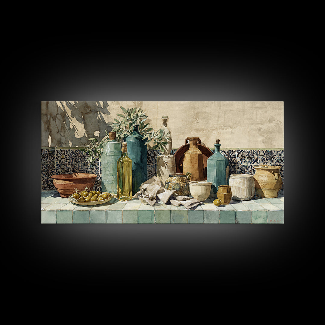 White Wine and Olives Still Life Framed Canvas Print, Italian Villa Art, Digital Wall Art, Living Room Decor, Oil Painting, IVA-2x1-60