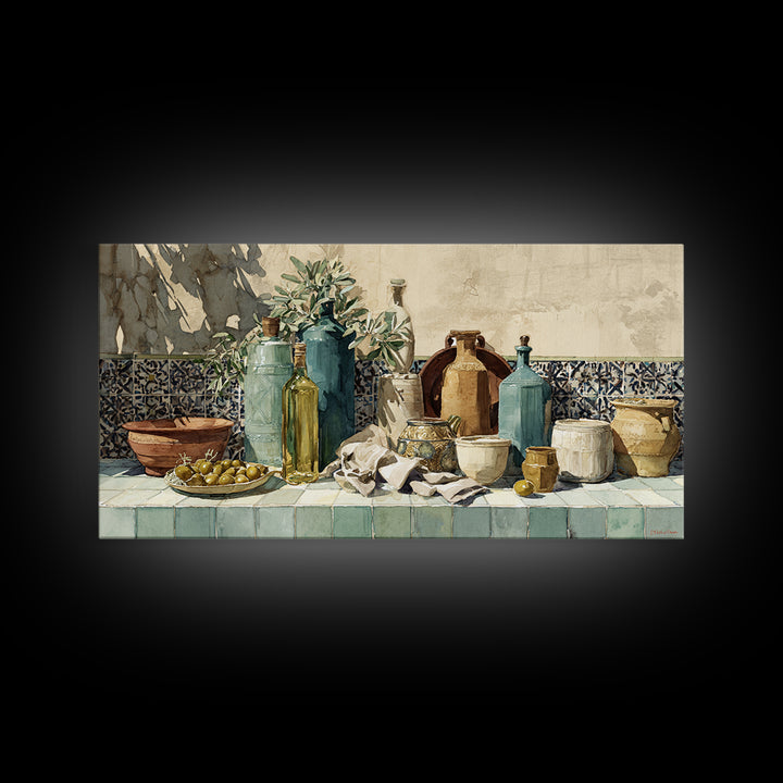 White Wine and Olives Still Life Framed Canvas Print, Italian Villa Art, Digital Wall Art, Living Room Decor, Oil Painting, IVA-2x1-60