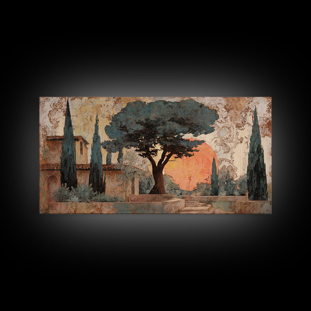 Cypress Silhouette at Sunset Framed Canvas Print, Italian Villa Art, Boho Decor, Living Room Decor, Abstract Art, Villa, IVA-2x1-65
