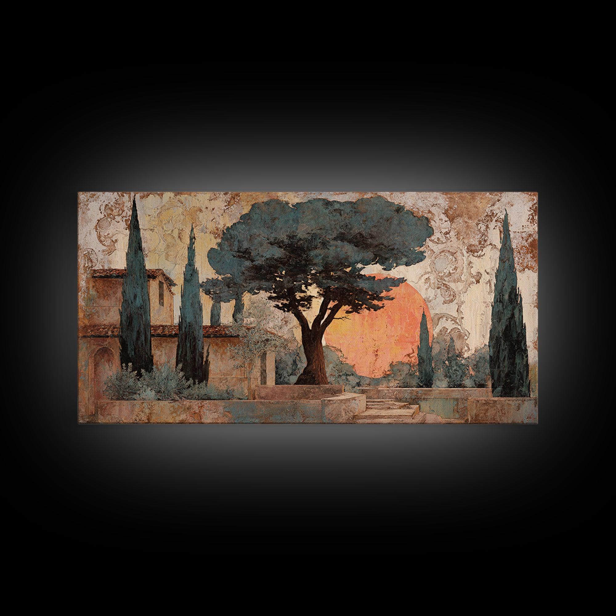 Cypress Silhouette at Sunset Framed Canvas Print, Italian Villa Art, Boho Decor, Living Room Decor, Abstract Art, Villa, IVA-2x1-65