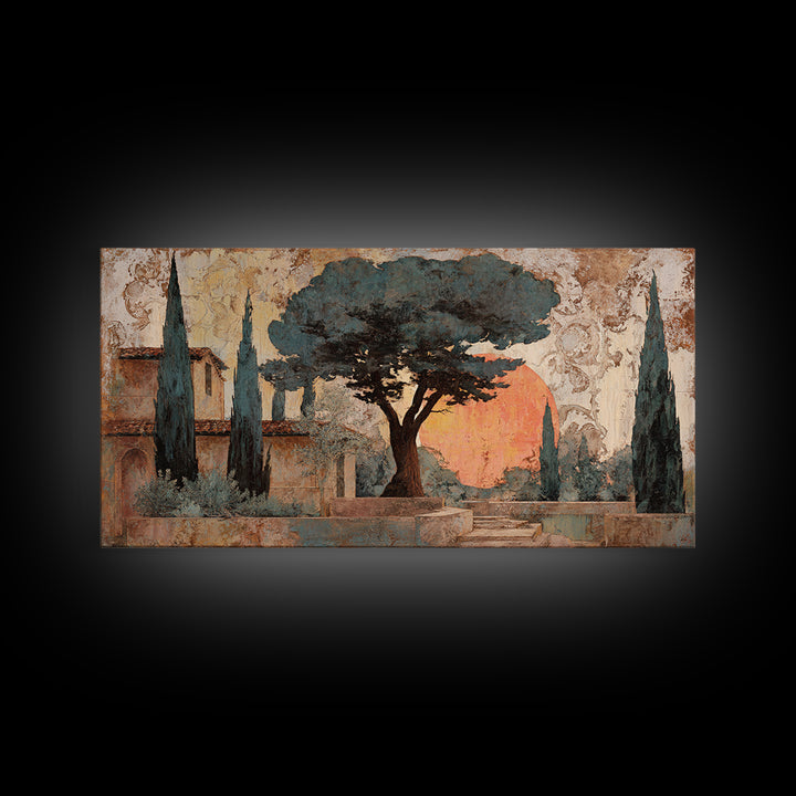 Cypress Silhouette at Sunset Framed Canvas Print, Italian Villa Art, Boho Decor, Living Room Decor, Abstract Art, Villa, IVA-2x1-65