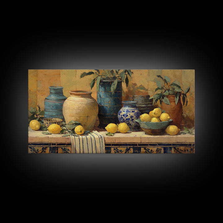 Coastal Lemons and Striped Cloth Arrangement Canvas Print, Italian Villa Art, Framed Wall Art, Living Room Decor, IVA-2x1-68
