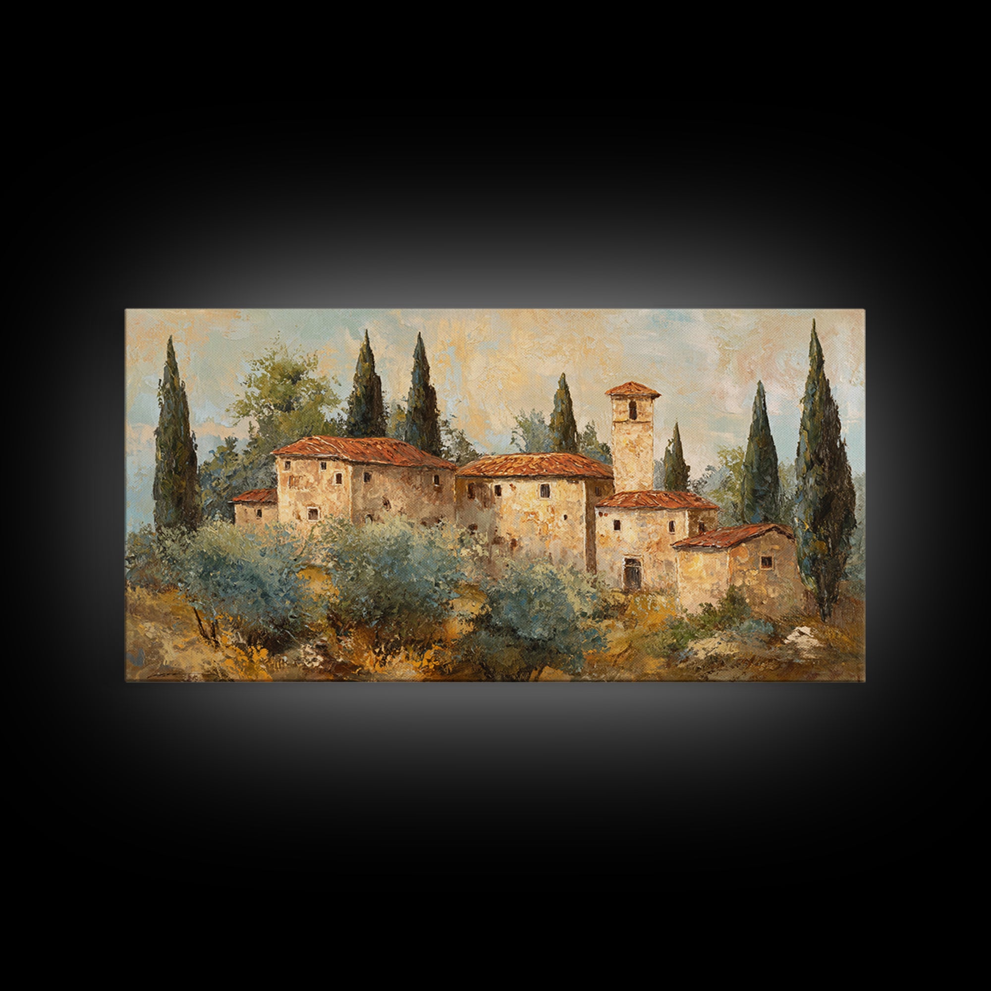 Tuscan Hillside with Cypress Trees and Golden Canvas Print, Italian Villa Art, Minimalist Decor, Living Room Decor, Villa, IVA-2x1-69