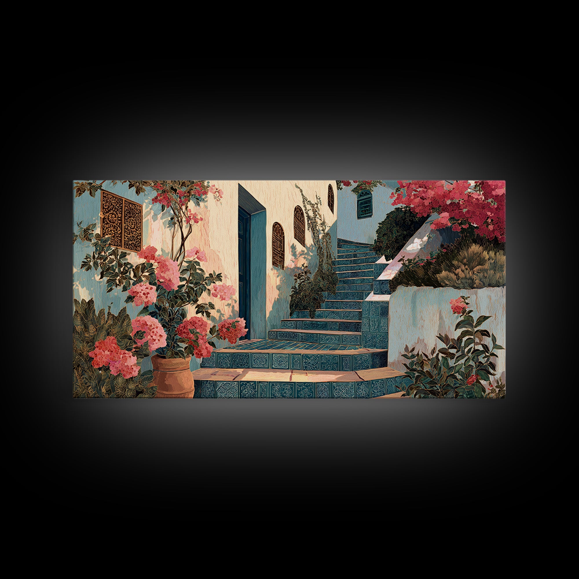 Sunlit Stone Stairway Framed Canvas Print, Italian Villa Art, Textured Painting, Living Room Decor, Villa, Bedroom Wall Art, IVA-2x1-7