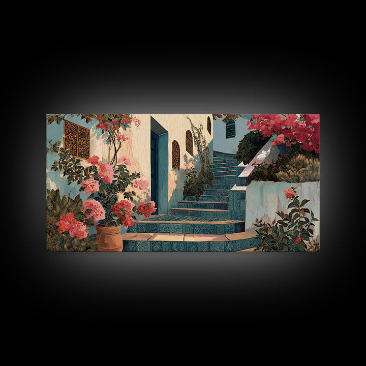 Sunlit Stone Stairway Framed Canvas Print, Italian Villa Art, Textured Painting, Living Room Decor, Villa, Bedroom Wall Art, IVA-2x1-7
