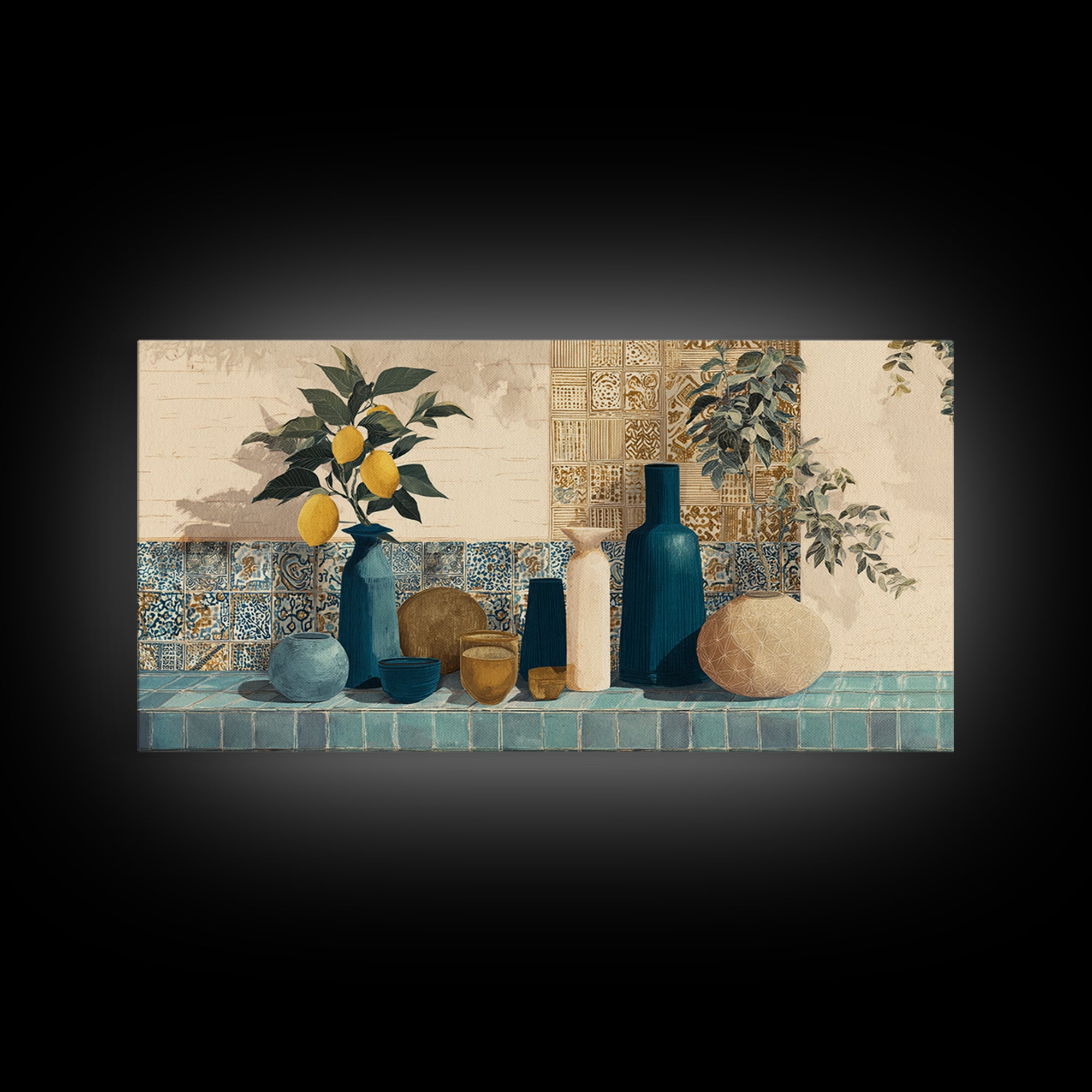 Lemon Branch in Blue Ceramic Vase Canvas Print, Italian Villa Art, Luxury Decor, Living Room Decor, Oil Painting, Villa, IVA-2x1-70