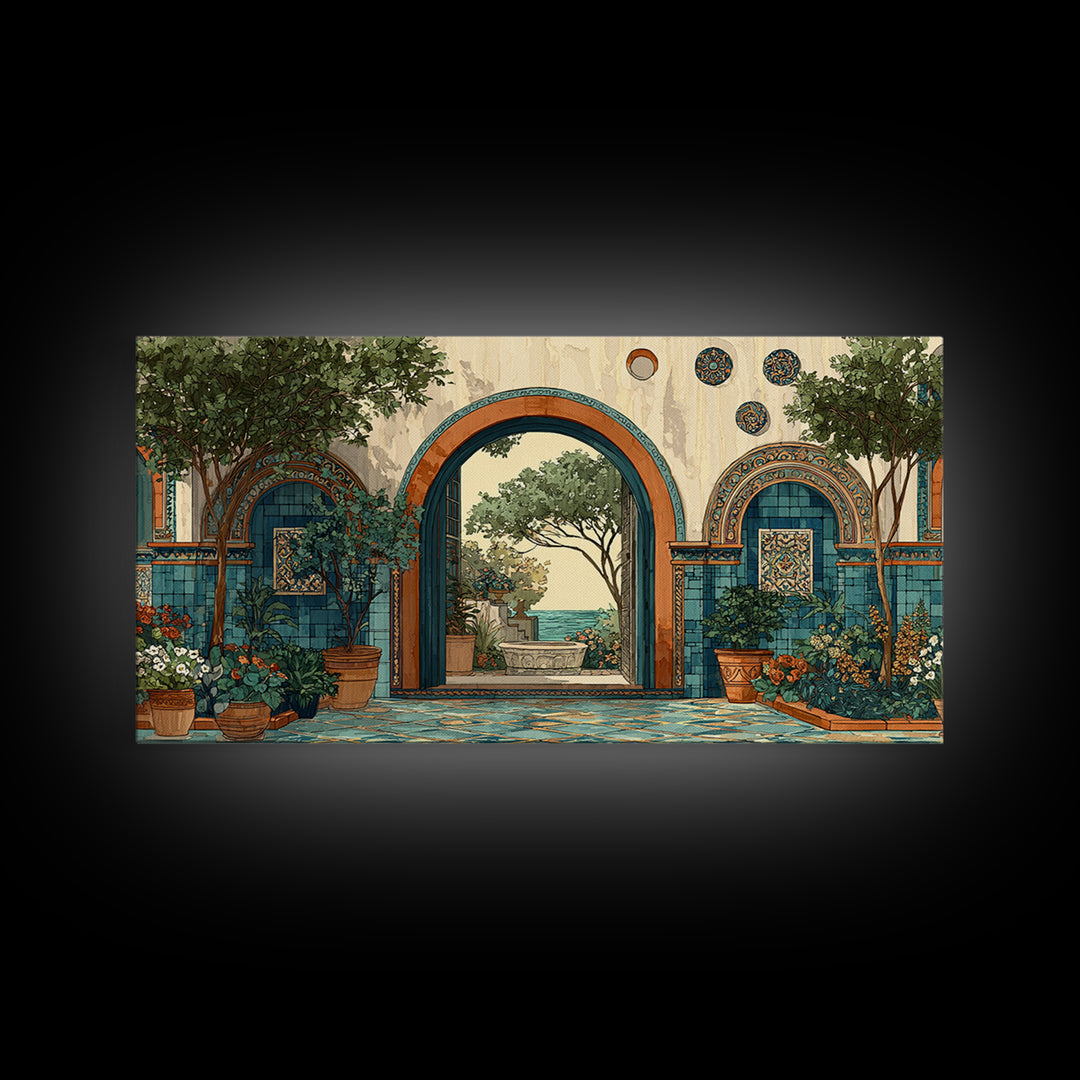 Mediterranean Arch Framing Blue Sea Canvas Print, Italian Villa Art, Coastal Decor, Living Room Decor, Fine Art, Villa, IVA-2x1-76