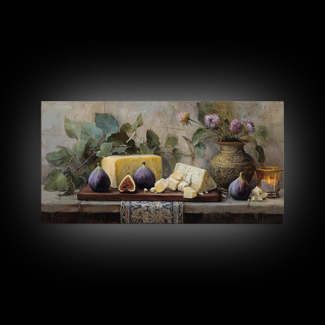 Figs and Cheese on Rustic Wooden Board Canvas Print, Italian Villa Art, Art Print, Living Room Decor, Oil Painting, Villa, IVA-2x1-77
