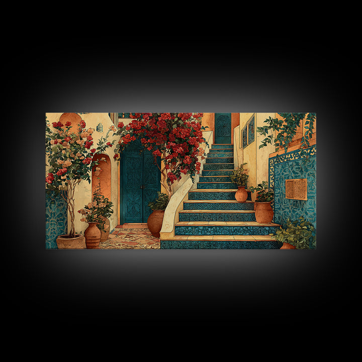 Sunlit Stone Stairway Framed Canvas Print, Italian Villa Art, Digital Download Art, Living Room Decor, Fine Art, Villa, IVA-2x1-79