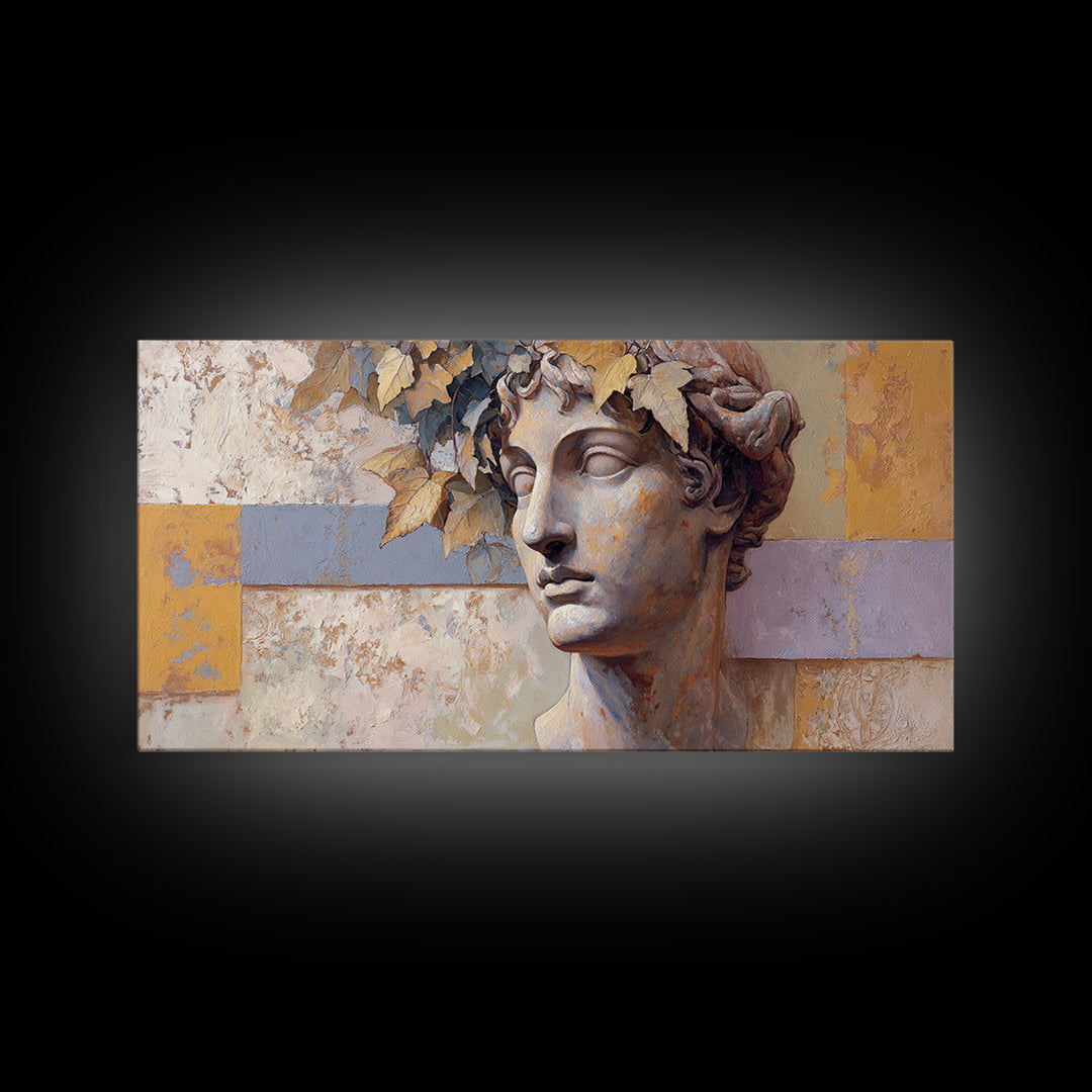 Classic Roman Statue Bust Framed Canvas Print, Italian Villa Art, Landscape Painting, Living Room Decor, Fine Art, Villa, IVA-2x1-80