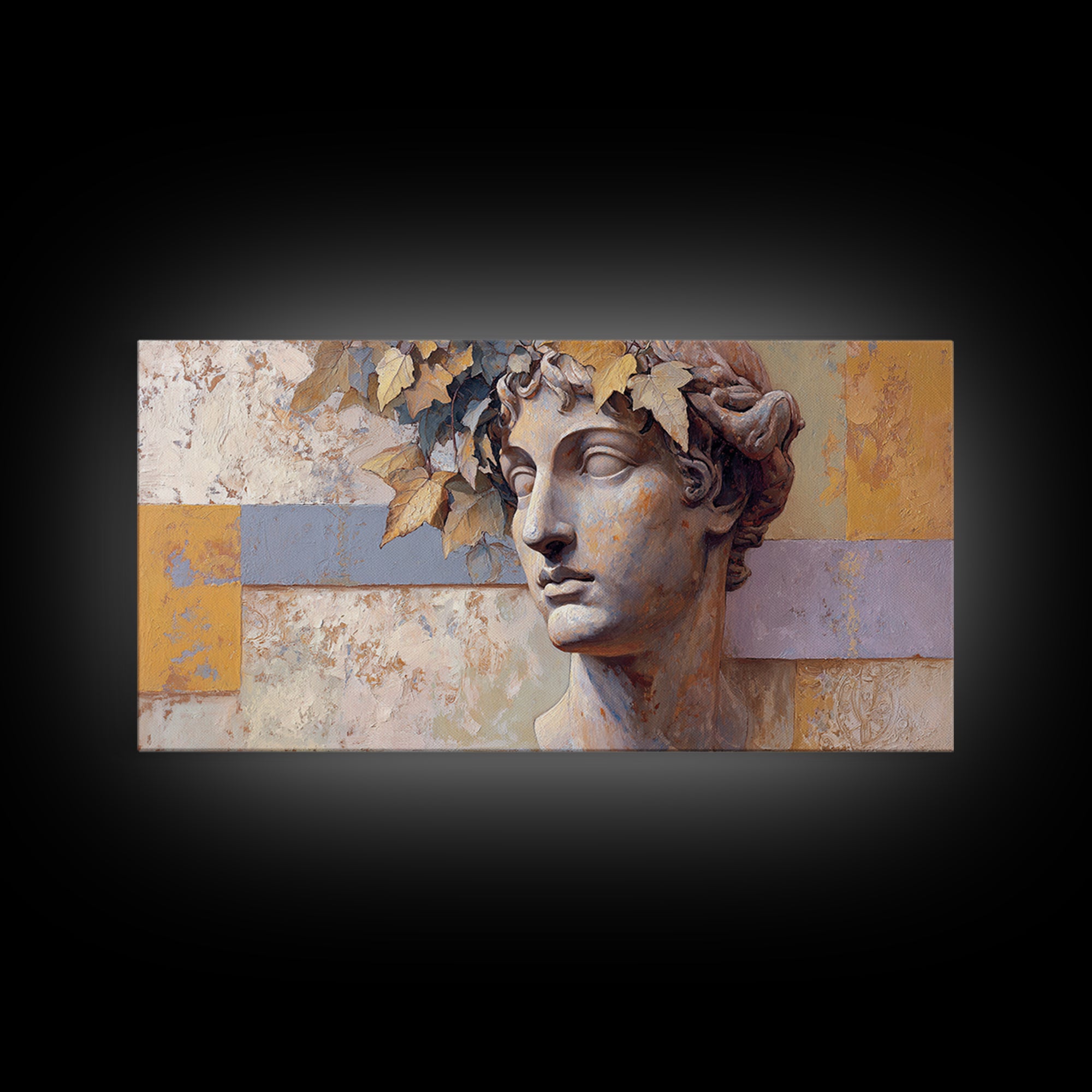 Classic Roman Statue Bust Framed Canvas Print, Italian Villa Art, Landscape Painting, Living Room Decor, Fine Art, Villa, IVA-2x1-80