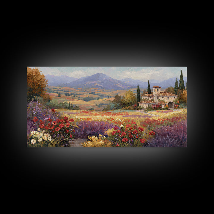 Tuscan Poppy Field Framed Canvas Print, Italian Villa Art, Boho Decor, Living Room Decor, Fine Art, Villa, Digital Wall Art, IVA-2x1-83