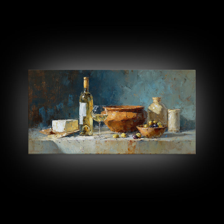 White Wine and Olives Still Life Framed Canvas Print, Italian Villa Art, Farmhouse Wall Art, Living Room Decor, Fine Art, Villa, IVA-2x1-84