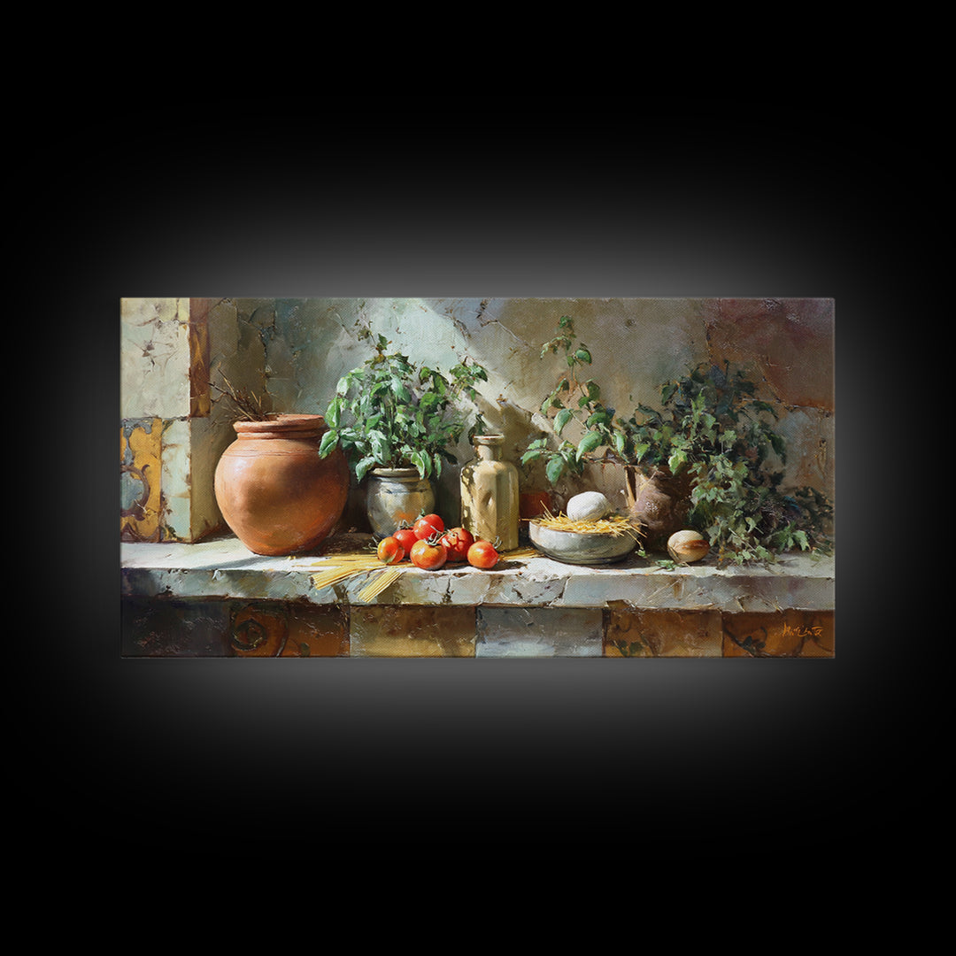 Pasta Herbs and Tomatoes Still Life Framed Canvas Print, Italian Villa Art, Farmhouse Wall Art, Living Room Decor, Villa, IVA-2x1-87