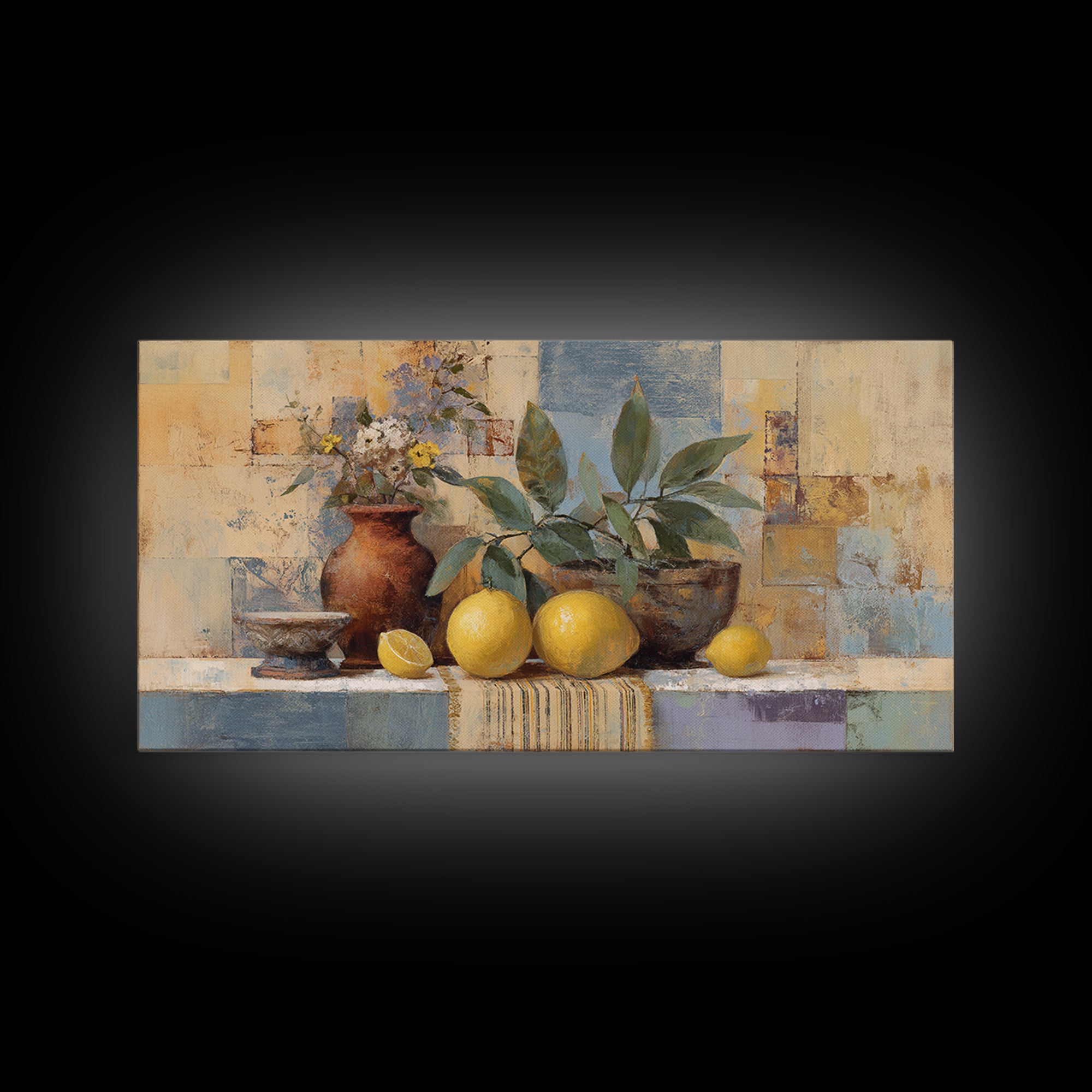Coastal Lemons and Striped Cloth Arrangement Canvas Print, Italian Villa Art, Bedroom Wall Decor, Living Room Decor, Villa, IVA-2x1-92