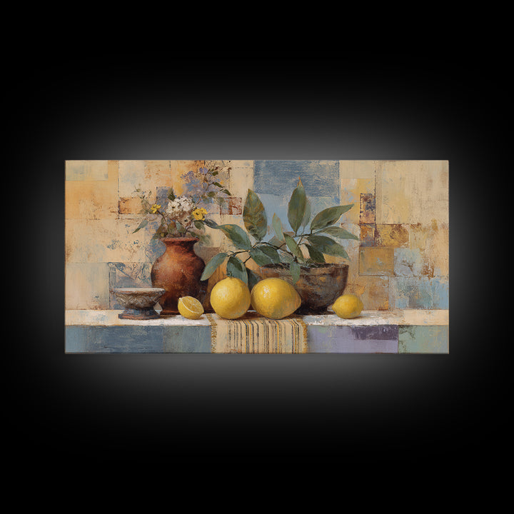 Coastal Lemons and Striped Cloth Arrangement Canvas Print, Italian Villa Art, Bedroom Wall Decor, Living Room Decor, Villa, IVA-2x1-92