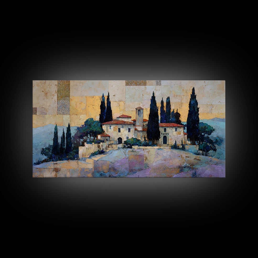 Tuscan Hillside with Cypress Trees and Golden Canvas Print, Italian Villa Art, Minimalist Decor, Living Room Decor, Villa, IVA-2x1-93