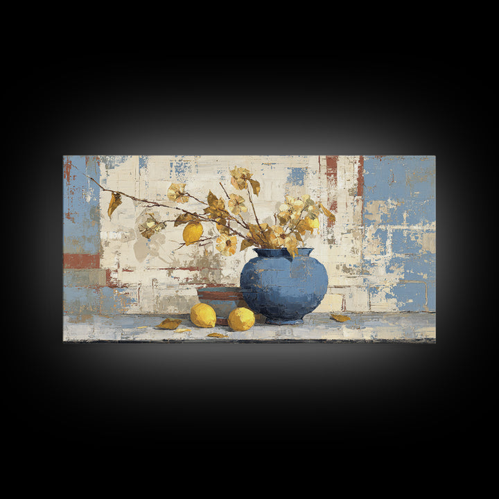 Lemon Branch in Blue Ceramic Vase Canvas Print, Italian Villa Art, Luxury Decor, Living Room Decor, Oil Painting, Villa, IVA-2x1-94