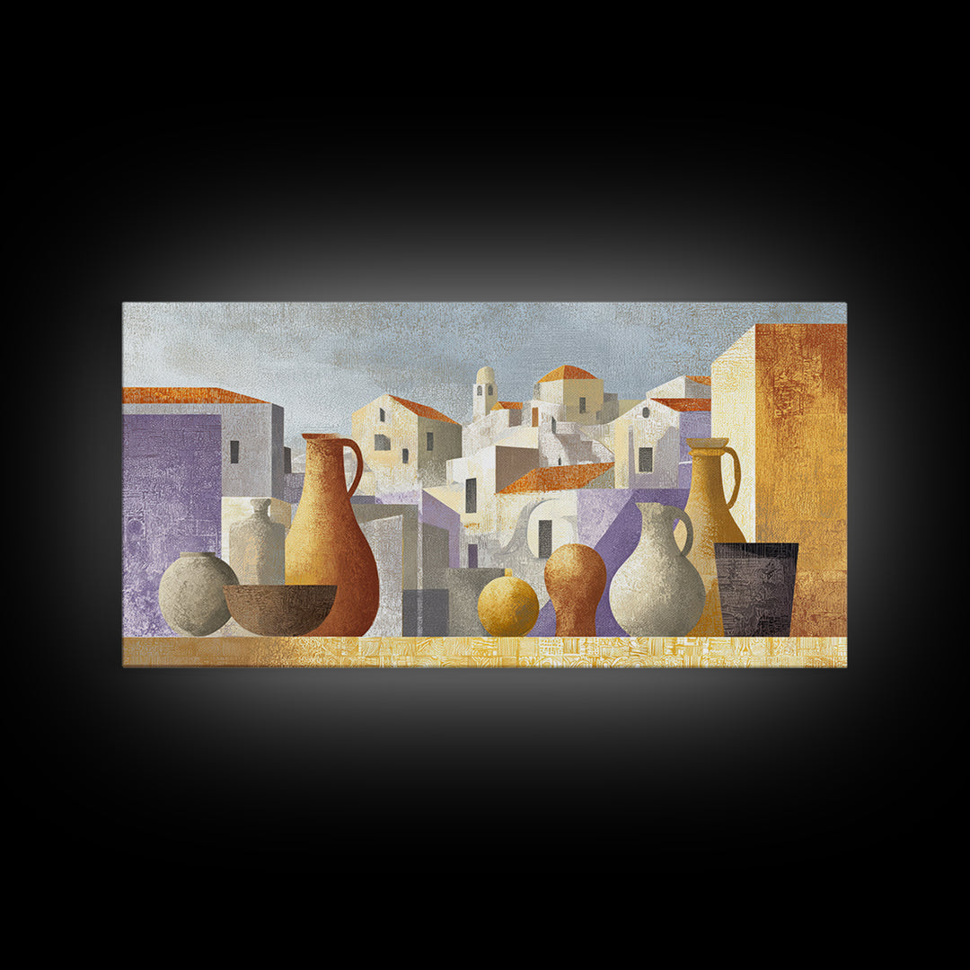 Terracotta Rooftops Against Pale Sky Framed Canvas Print, Italian Villa Art, Colorful Wall Art, Living Room Decor, Oil Painting, IVA-2x1-96