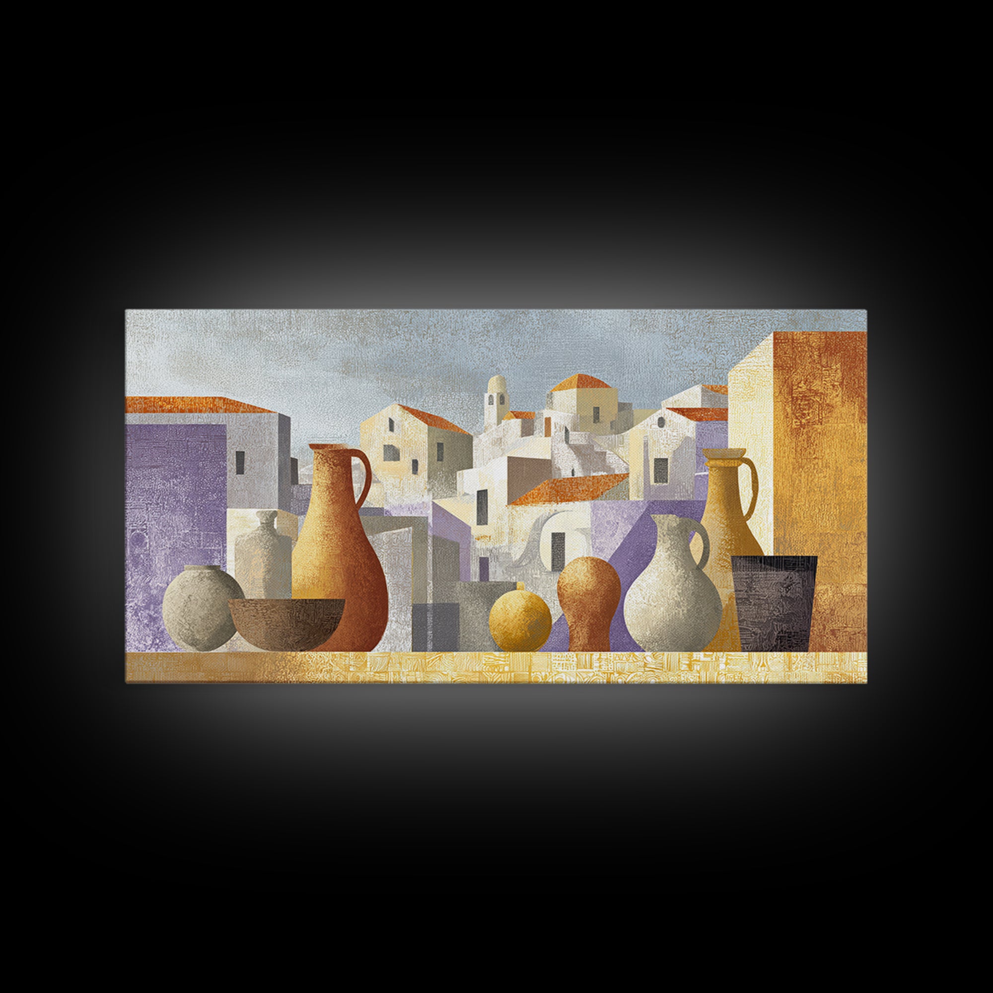 Terracotta Rooftops Against Pale Sky Framed Canvas Print, Italian Villa Art, Colorful Wall Art, Living Room Decor, Oil Painting, IVA-2x1-96