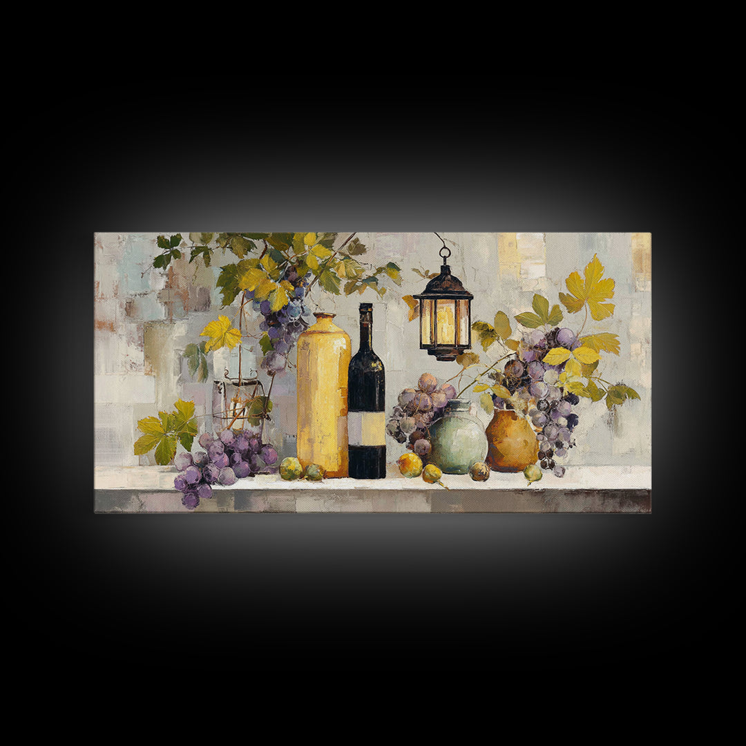 Grapevine and Wine Still Life on Linen Framed Canvas Print, Italian Villa Art, Printable Art, Living Room Decor, Abstract Art, IVA-2x1-99