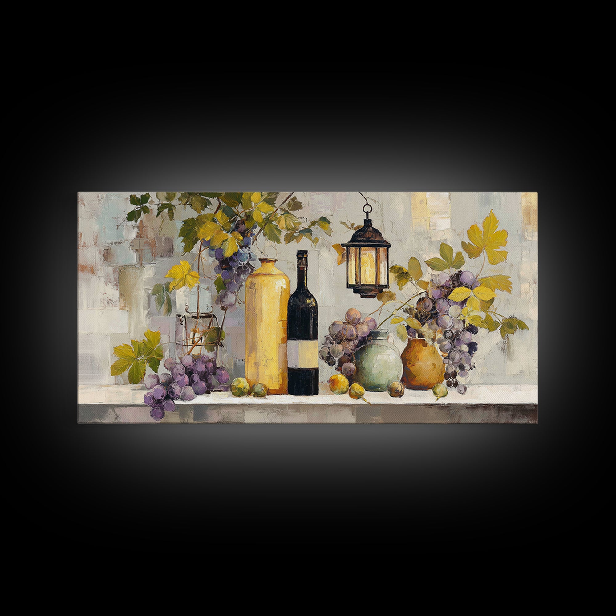 Grapevine and Wine Still Life on Linen Framed Canvas Print, Italian Villa Art, Printable Art, Living Room Decor, Abstract Art, IVA-2x1-99