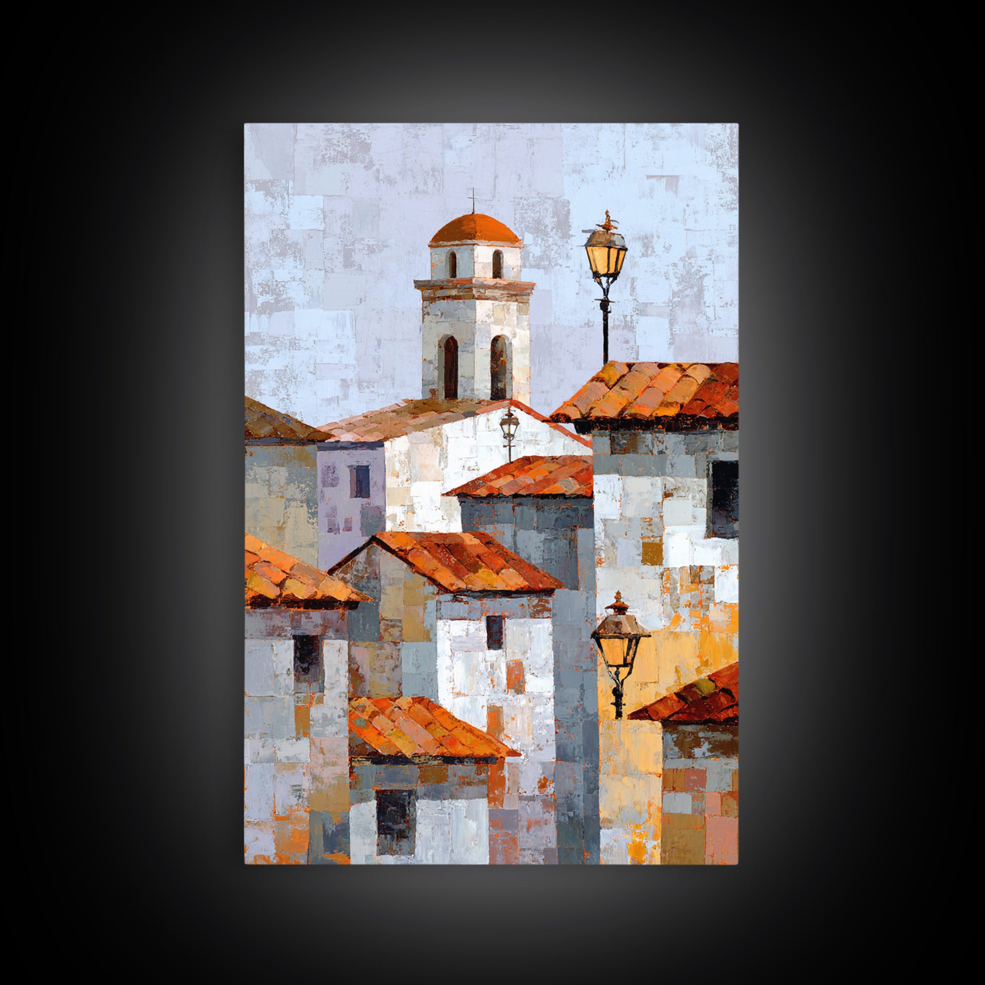 Terracotta Rooftops Against Pale Sky Framed Canvas Print, Italian Villa Art, Digital Art Print, Living Room Decor, Oil Painting, IVA-2x3-12