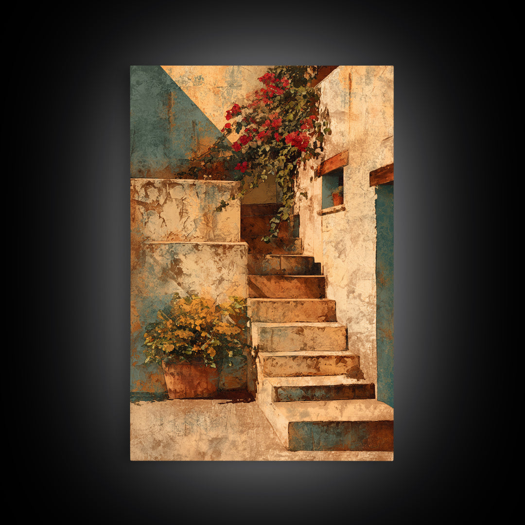 Sunlit Stone Stairway Framed Canvas Print, Italian Villa Art, Bedroom Wall Art, Living Room Decor, Villa, Travel Poster, IVA-2x3-19