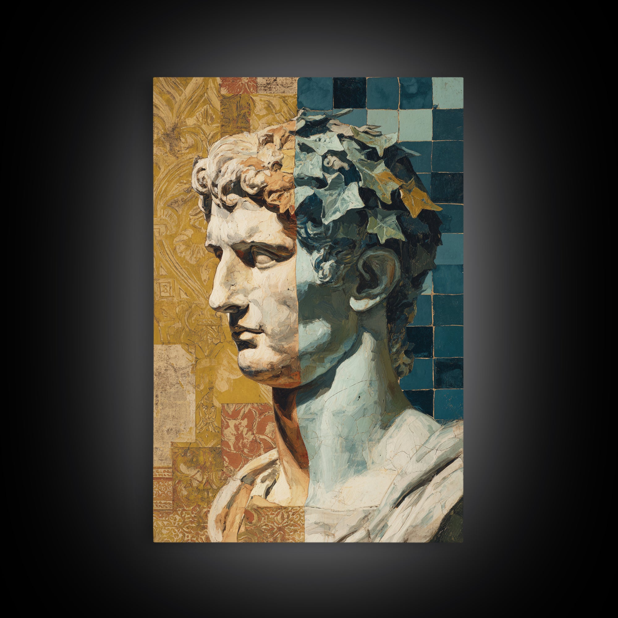Classic Roman Statue Bust Framed Canvas Print, Italian Villa Art, Modern Decor, Living Room Decor, Oil Painting, Villa, IVA-2x3-20