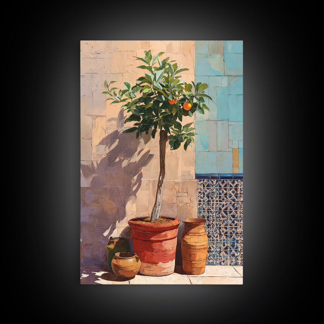 Orange Tree in a Courtyard Planter Framed Canvas Print, Italian Villa Art, Home Decor, Living Room Decor, Fine Art, Villa, IVA-2x3-22